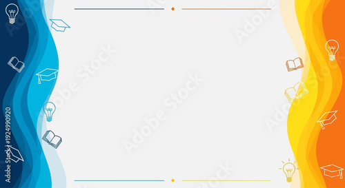 Abstract background with blue and orange waves white icons of books bulbs and graduation caps