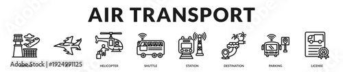 Air transport banner presenting premium aviation infrastructure and global travel connectivity. in Lineal Icon Style