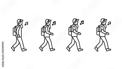Man walking while listening to music on headphones with a backpack in a simple illustration style