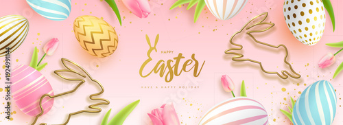 Happy Easter background with colorful easter eggs, golden rabbit silhouettes and tulips. Holiday greeting card or poster. Vector illustration