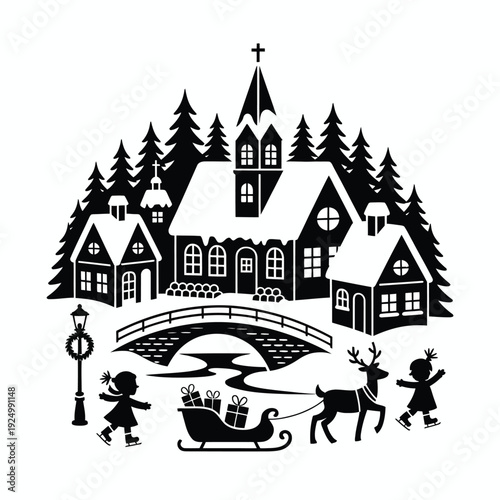 Classic winter village scene with festive holiday elements and a sleigh ride isolated on white background, Vector, illustration