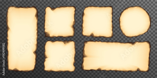 Burnt beige paper with fired edge, corner effect. Flame damaged vector page, old parchment round border with torn black ripped texture. Realistic ash note sheet frame, square heart rectangle piece
