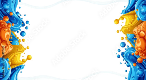 Orange yellow and blue liquid splashes frame a central white area