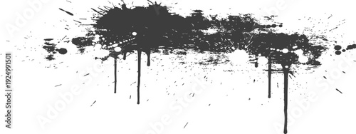 Abstract black ink splatter grunge texture with drips and paint splashes on white background