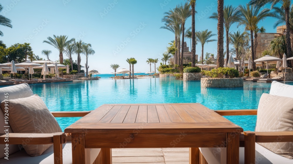 Fototapeta premium Empty wooden table with comfortable chairs near a luxurious swimming pool. Tropical resort for travel, vacation and relaxation concept.