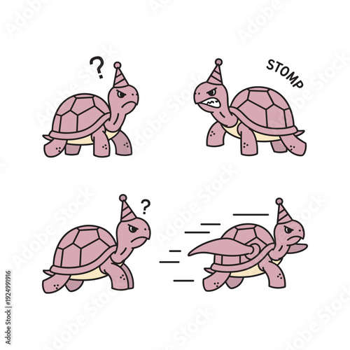 Cartoon turtles celebrating birthday with party hats and confused expressions