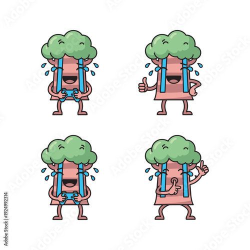 Cartoon tree characters expressing emotions with rain and gestures in a fun and playful style
