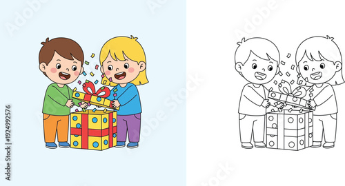 Happy children opening a big gift box with confetti, coloring book page. Cute boy and girl unboxing present. Vector illustration of colorful character and black and white outline.