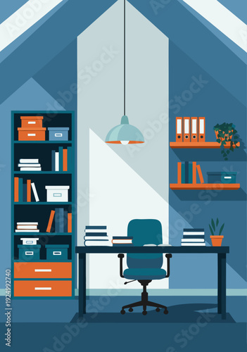 Modern home office with desk chair bookshelves lamp plant serene workspace vector illustration