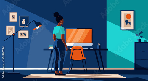 Vibrant Creative Office with Vector Illustration and Abstract Art, Modern Workspace Elements