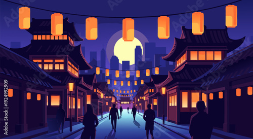 Serene Asian Nighttime Vector Illustration of Lit Lanterns Lined Street with Traditional Buildings