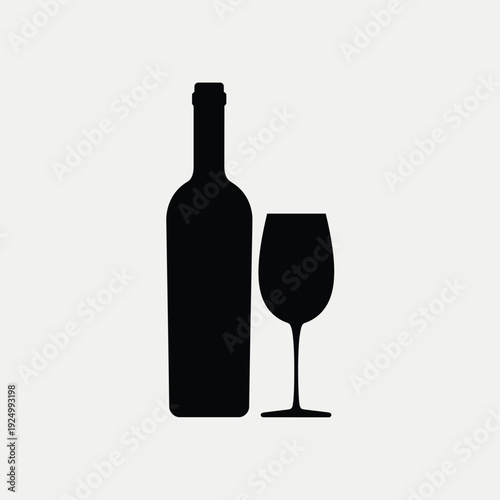 Elegant black and white illustration of a wine bottle and glass isolated on white background, Vector, illustration