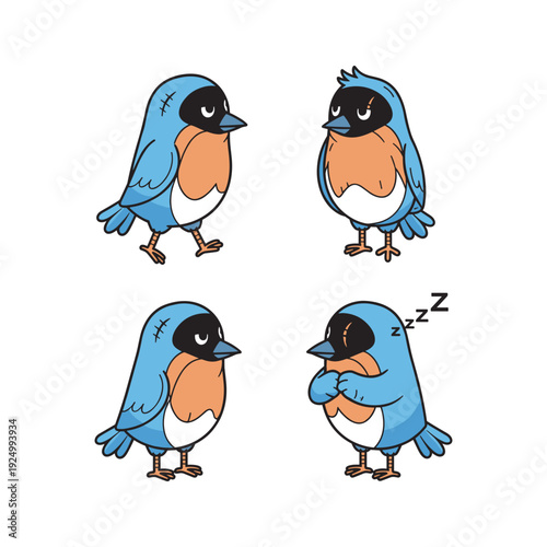 Cartoon bluebird sleeping and yawning with different facial expressions on white background