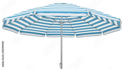 Billede på lærred Isolated sun umbrella with blue and white stripes for beach or patio protection