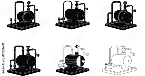 Vintage illustrations of steam engines and industrial machinery in operation isolated on white background, Vector, illustration