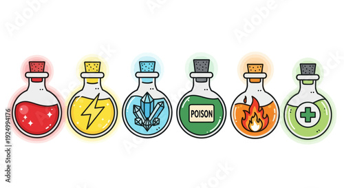 Cute cartoon fantasy potion bottles for game design and magic concepts
