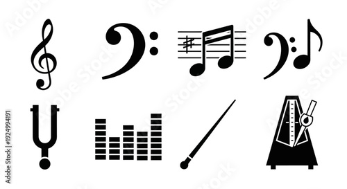 A collection of musical symbols and sound tools.