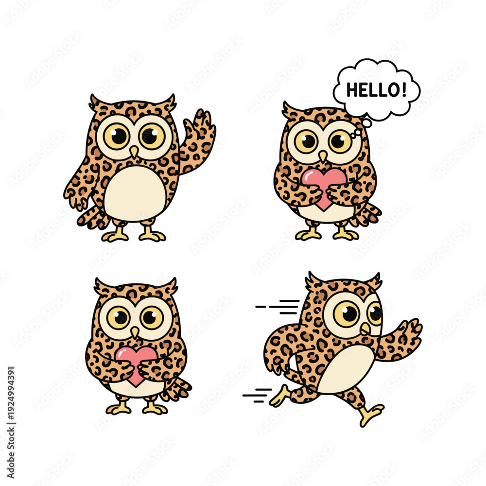 Fototapeta premium Cute cartoon leopard owl character set waving and greeting with hello speech bubble