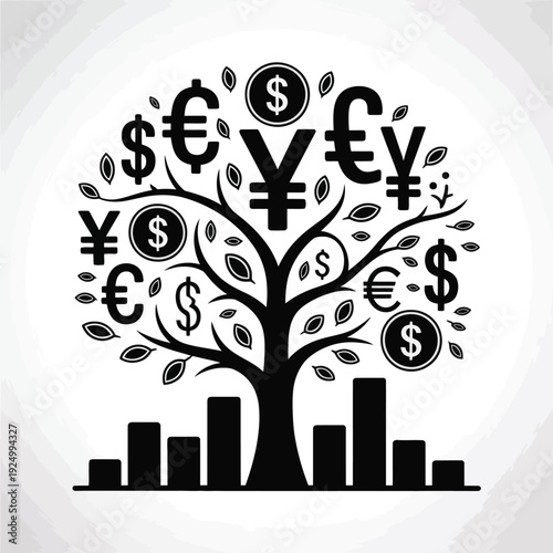 A tree symbolizing global currency growth and economic stability with bar graph roots isolated on white background, Vector, illustration