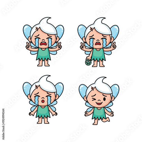 Cartoon fairy expressing different emotions with tears and smile