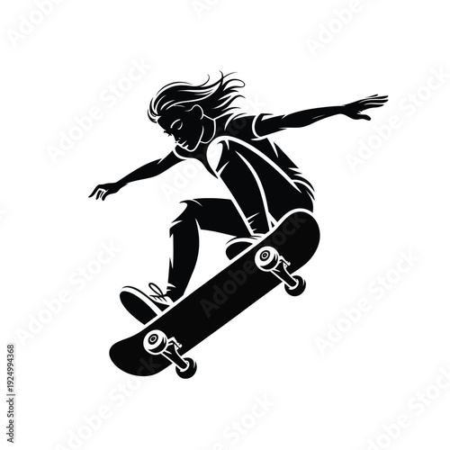 Dynamic silhouette of a skateboarder performing an aerial trick with their board isolated on white background, Vector, illustration