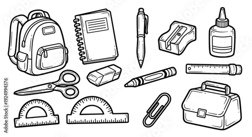 Hand-drawn vector illustration of school and office stationery set.