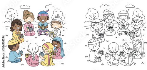 Cute multicultural children sitting in a circle holding gifts with coloring page version. Vector