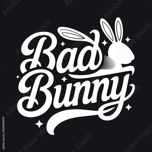 A stylish logo featuring a rabbit with a starry background and the text bad bunny isolated on white background, Vector, illustration