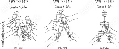 Save the date wedding invitation set with champagne glass toast, hand drawn minimalist line art, celebration party event vector illustration