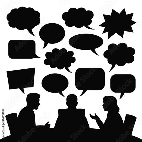 Silhouettes of people engaged in a diverse and dynamic conversation with speech bubbles. isolated on white background, Vector, illustration