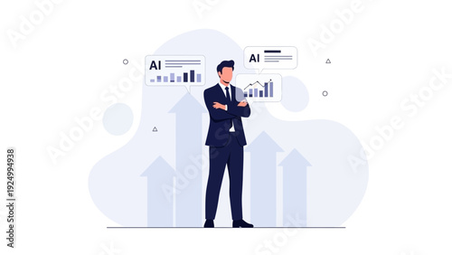 Businessman with AI analytics charts and upward growth arrows