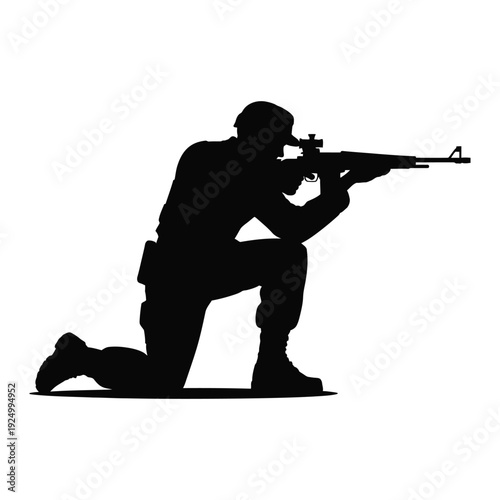 Sniper in a crouched position aiming with a rifle isolated on white background, Vector, illustration