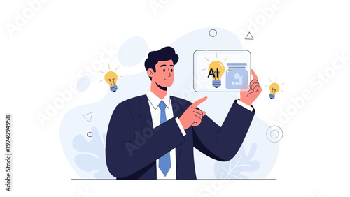 Businessman with AI idea jar and lightbulbs, innovation concept