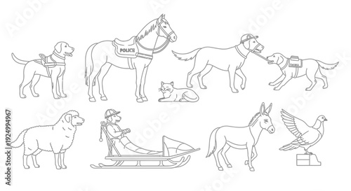 A collection of service and domestic animals in line art style.
