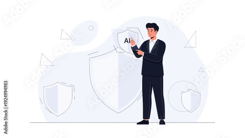 Businessman with AI shield, protecting data and technology concept