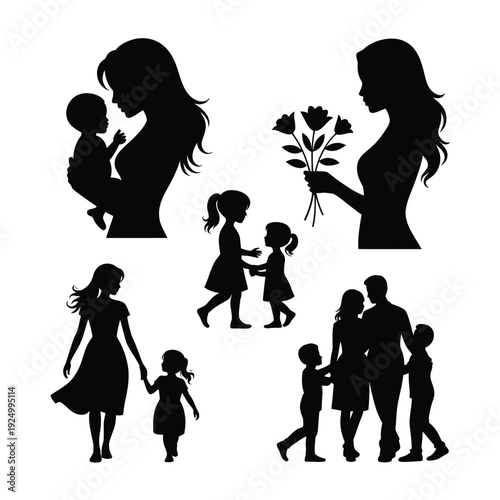 Silhouettes of families sharing tender and joyful moments together isolated on white background, Vector, illustration
