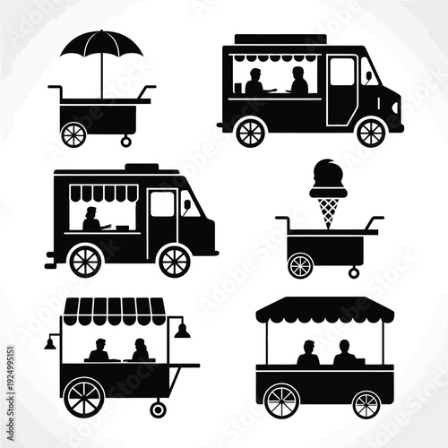 Vibrant collection of stylized ice cream and food trucks in black and white isolated on white background, Vector, illustration