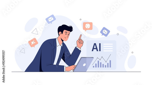 Businessman working with AI and data analysis on laptop, modern office concept