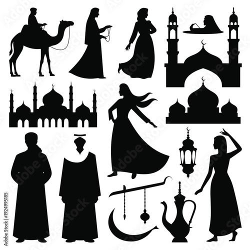 Elegant silhouettes of middle eastern cultural icons and traditional objects isolated on white background, Vector, illustration
