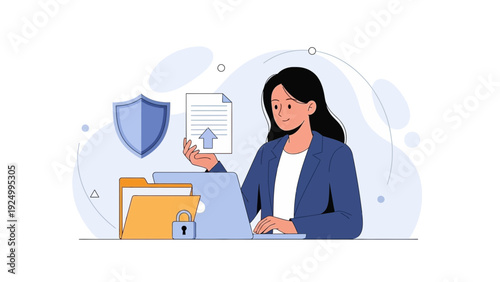 Businesswoman managing digital data security and online file upload