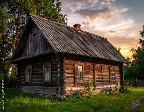 Rustic Wooden Cabin at Sunset - A Tranquil Scene of Rural Architecture.