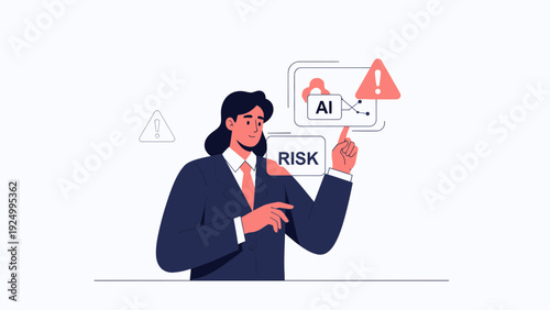 Businesswoman points to AI risk warning sign with digital interface