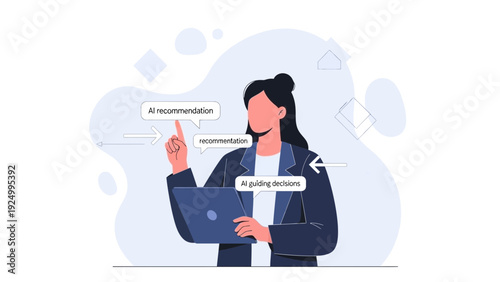 Businesswoman using AI for algorithmic decisions and recommendations on laptop