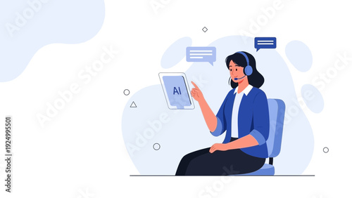 Customer service agent with headset and tablet interacting with AI chatbot