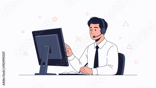 Customer Service Agent with Headset Working at Computer, Taking Notes