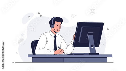 Customer Service Agent with Headset Working on Computer at Desk