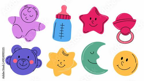 A colorful flat vector illustration set of baby and nursery themed icons, cute baby face, pacifier, bottle, teddy bear, star and moon with smiley faces