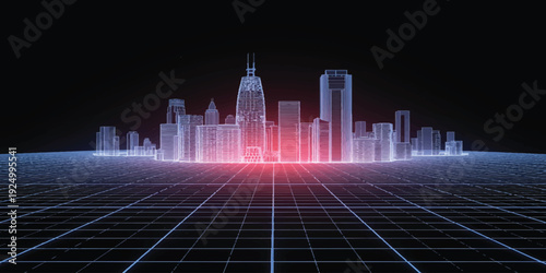 Illuminated city fountain at night featuring a modern urban skyline with skyscrapers and architectural building silhouettes in a downtown business landscape scene