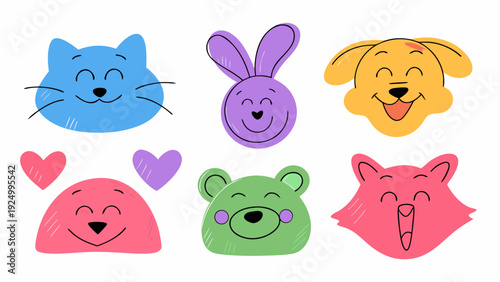 A colorful flat vector illustration set of cute cartoon animals expressing emotions, happy cat, waving dog, smiling bunny, sleepy bear, excited fox