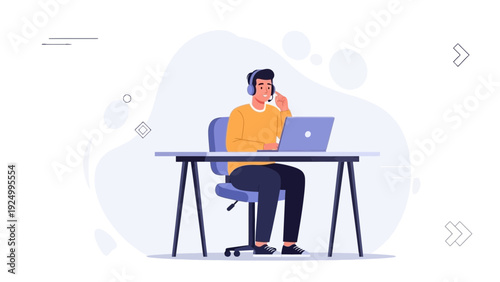 Customer service agent with headset working on laptop at desk, flat illustration